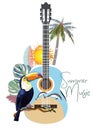 Abstract guitar decorated with summer and spring flowers, palm leaves, notes, toucan.